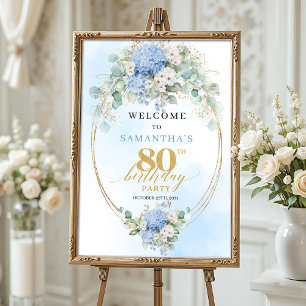 Póster Bienvenida a los 80 años en azul pastel con horten