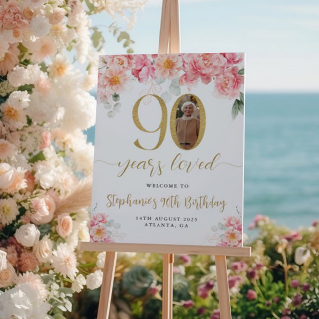 Póster Bienvenida a los 90 cumpleaños de Floral Rosa y Or (Subido por el creador)