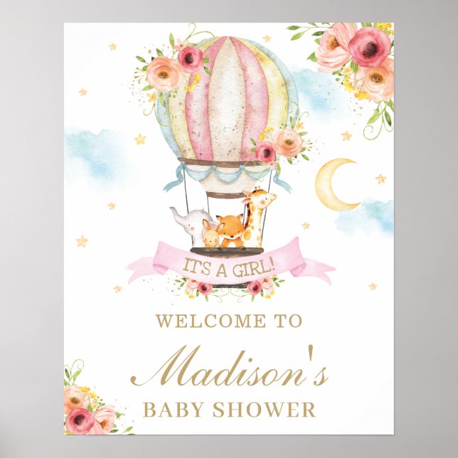 Póster Bienvenida a los animales de Baby Shower con globo (Frente)