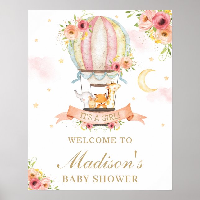 Póster Bienvenida a los animales de Baby Shower con globo (Frente)