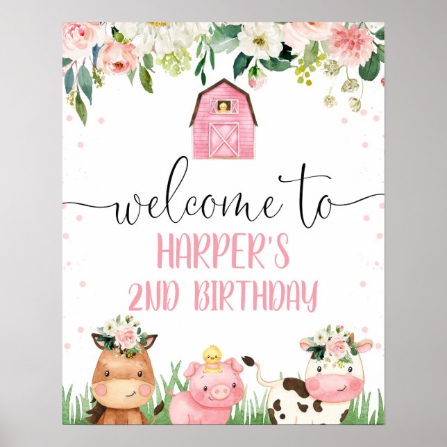 Póster Bienvenida a los animales de la granja floral Pink (Frente)