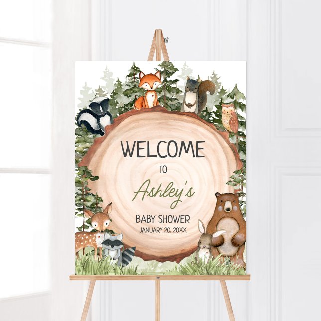 Póster Bienvenida a los animales de Woodland (Boy Woodland Animals Baby Shower Welcome Sign)