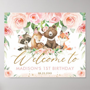 Póster Bienvenida a los animales de Woodland Pink Floral