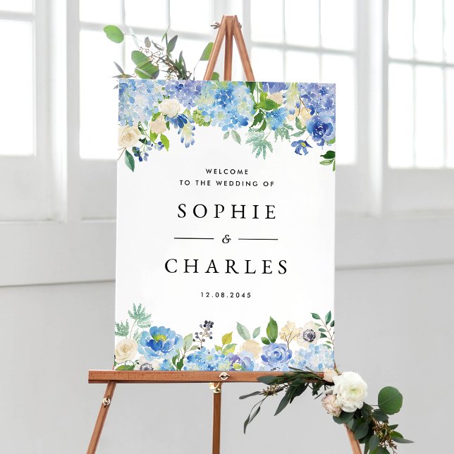 Póster Bienvenida a los Bodas Blue Hydrangea y White Anem (Customizable wedding welcome sign featuring watercolor blue hydrangeas and ivory roses garlands)