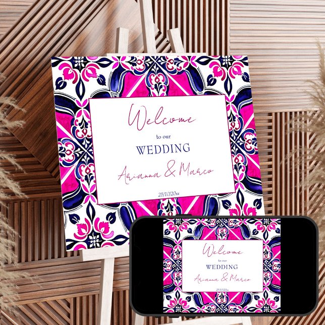 Póster Bienvenida a los bodas de talavera española azul r (Pink blue Spanish Talavera Mexican tiles wedding welcome sign Poster editable template download)