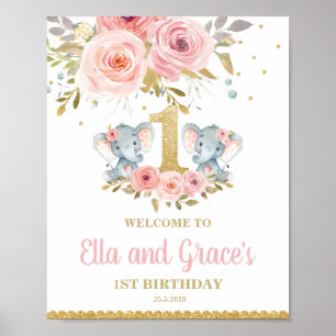 Póster Bienvenida a los Chicas gemelos Elephant Floral Pr
