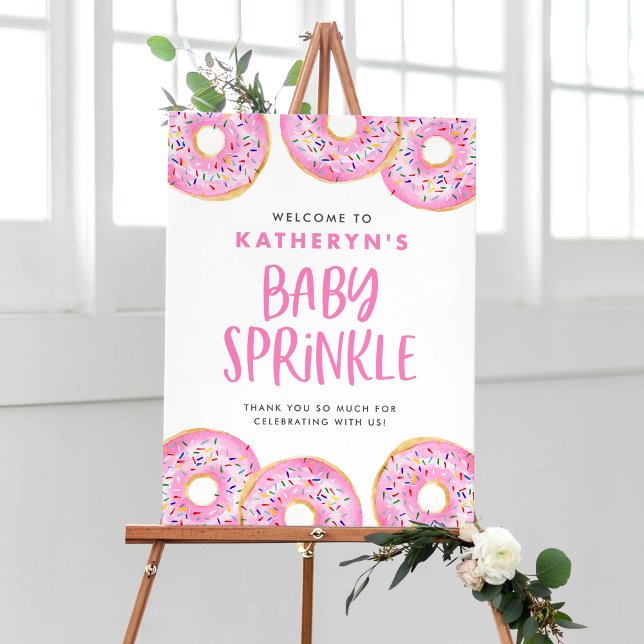 Póster Bienvenida a los donuts de rociado rosado (Watercolor Pink Sprinkle Donut Baby Sprinkle Welcome Sign – Customizable Baby Shower Decor)