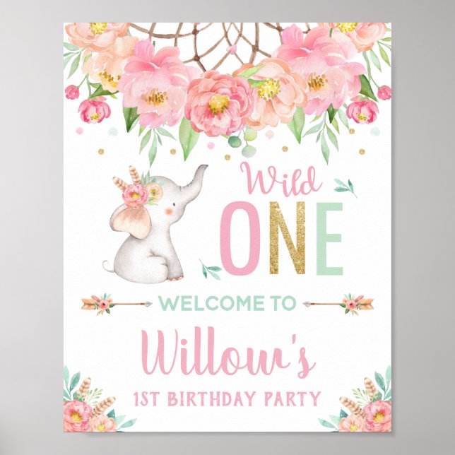 Póster Bienvenida a los Elefantes Boho Pink Floral Primer (Frente)