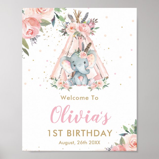 Póster Bienvenida a los Elefantes Florales Tribales de Pi (Frente)