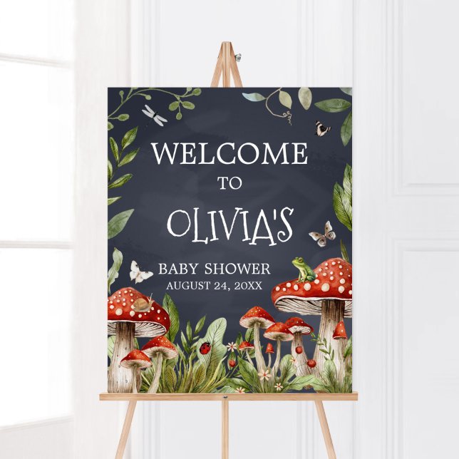 Póster Bienvenida a los hongos encantadores del bosque (Rustic Mushroom Baby Shower Welcome Sign)