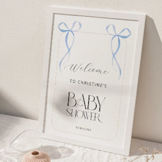 Póster Bienvenida a los niños Blue Bow Twins Baby Shower