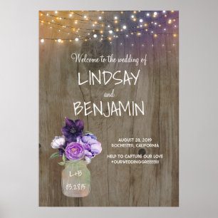 Póster Bienvenida a Mason Jar Rustic Boda de Flores Púrpu