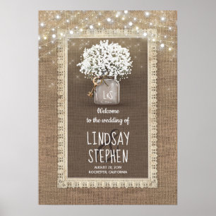 Póster Bienvenida a Mason Jar y Burlap Boda de la Respira