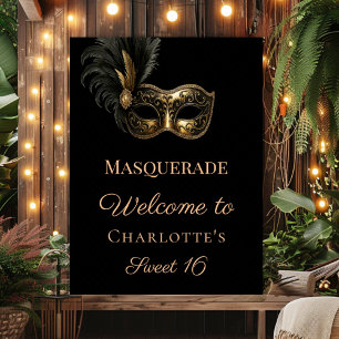 Póster Bienvenida a Masquerade black gold Sweet 16
