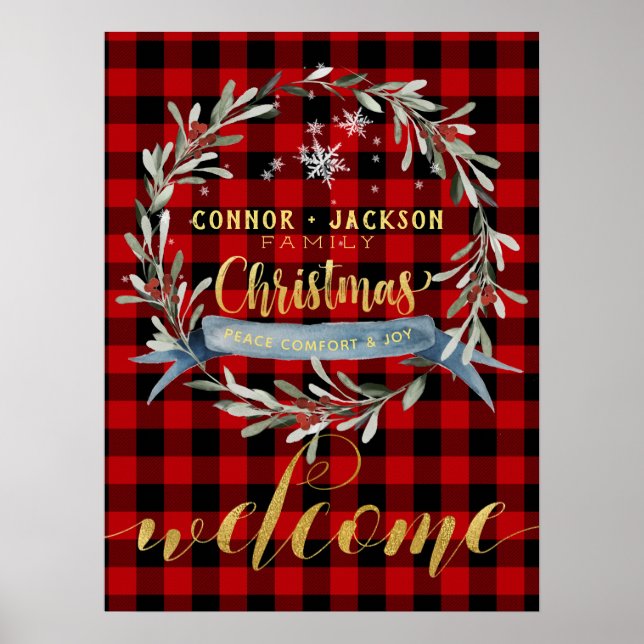 Póster Bienvenida a Navidades de Buffalo Plaid Gold Scrip (Frente)