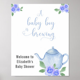 Póster Bienvenida a niño Baby Shower Blue Teapot y Flores