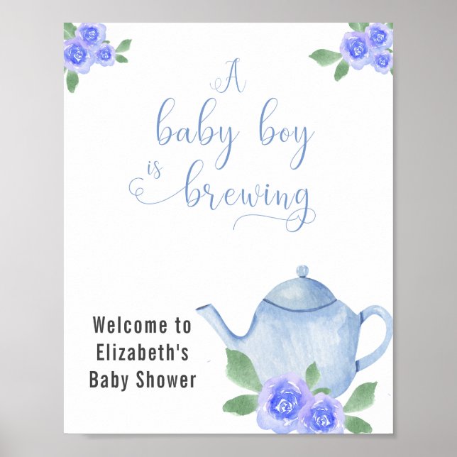 Póster Bienvenida a niño Baby Shower Blue Teapot y Flores (Frente)