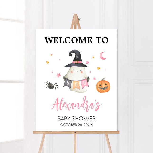 Póster Bienvenida a Pequeño Bote Fantasma Rosa Halloween (Little Boo Baby Shower Welcome Sign)