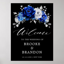 Póster Bienvenida a Pos, Boda floral Royal Blue White Sil