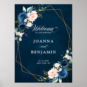 Póster Bienvenida a Pos Rosa de Boda Geométrico Navy Blue