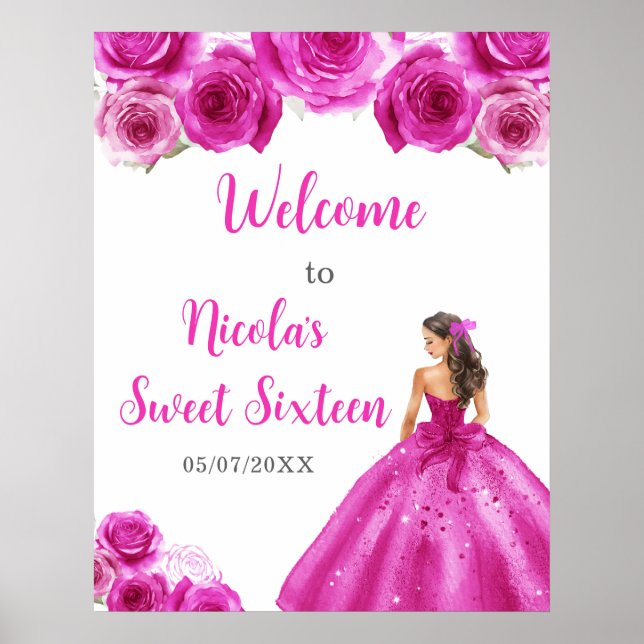 Póster Bienvenida a Princesa con vestido de rosa caliente (Frente)
