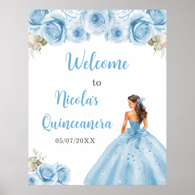 Póster Bienvenida a princesa floral con vestimenta azul (Frente)