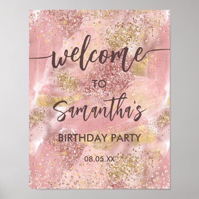 Póster Bienvenida a Purpurina Artsy Girly Pink Faux Gold (Frente)