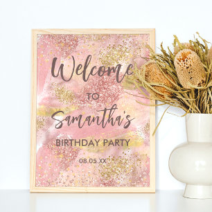 Póster Bienvenida a Purpurina Artsy Girly Pink Faux Gold