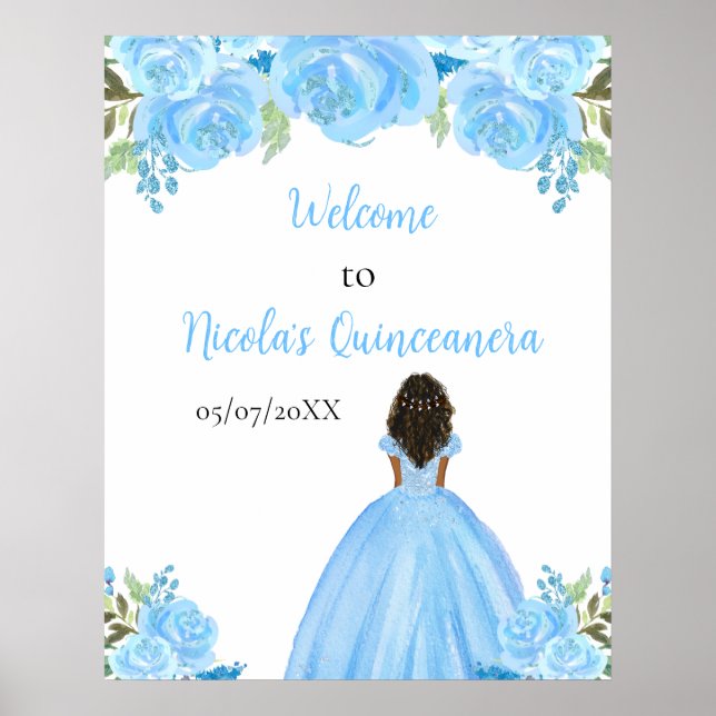 Póster Bienvenida a Quinceanera Azul Princesa de Piel Osc (Frente)