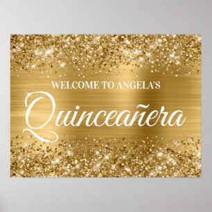 Póster Bienvenida a Quinceañera con brillo y lámina dorad