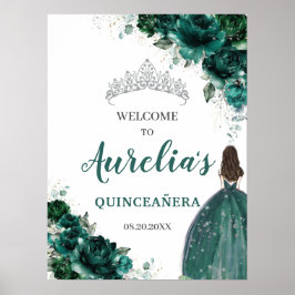 Póster Bienvenida a Quinceañera de Plata Floral Verde Esm