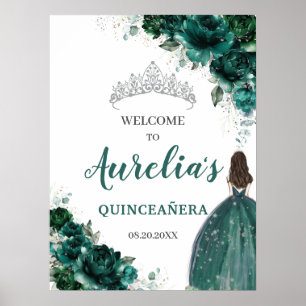 Póster Bienvenida a Quinceañera de Plata Floral Verde Esm