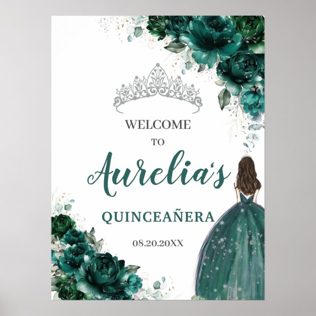 Póster Bienvenida a Quinceañera de Plata Floral Verde Esm (Frente)