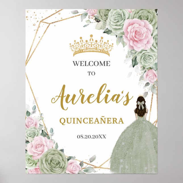 Póster Bienvenida a Quinceañera Floral Verde Rosa Blanda  (Frente)