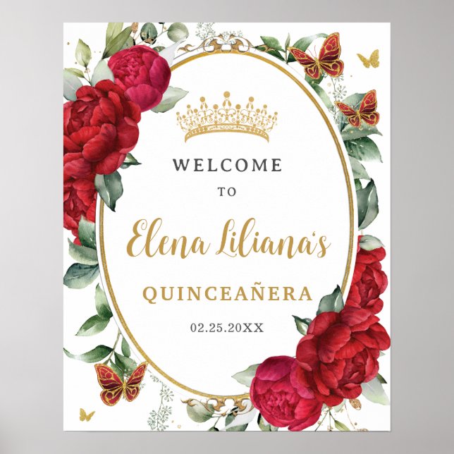 Póster Bienvenida a Quinceañera, mariposas florales de lo (Frente)