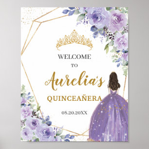 Póster Bienvenida a Quinceañera Purple Lilac Floral Gold
