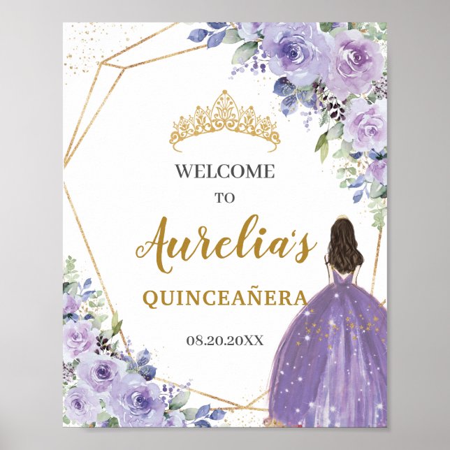 Póster Bienvenida a Quinceañera Purple Lilac Floral Gold (Frente)