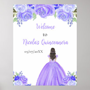 Póster Bienvenida a Quinceanera Púrpura Princesa de Pelo 