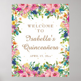 Póster Bienvenida a Quinceañera, Purpurina de Oro Floral 