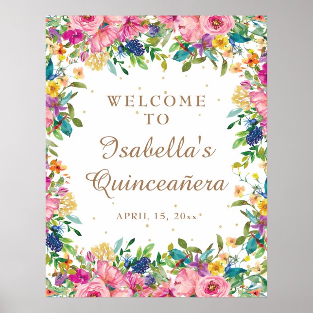 Póster Bienvenida a Quinceañera, Purpurina de Oro Floral  (Frente)