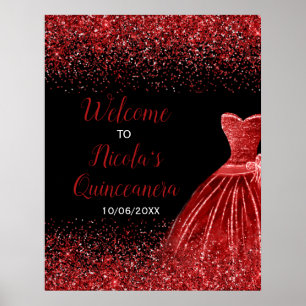 Póster Bienvenida a Quinceanera Purpurina Faux Rojo Brill