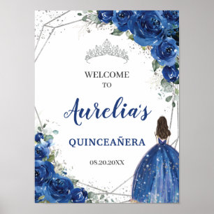 Póster Bienvenida a Quinceañera, Rosa floral azul real