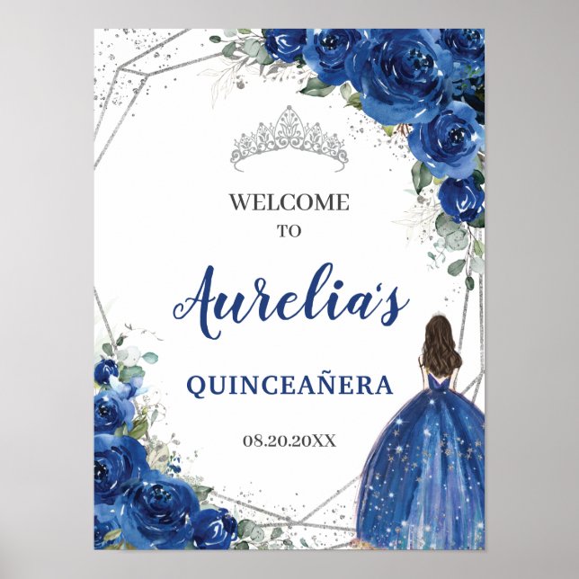 Póster Bienvenida a Quinceañera, Rosa floral azul real (Frente)