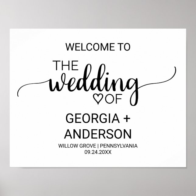 Póster Bienvenida a simple Boda de caligrafía negra (Frente)