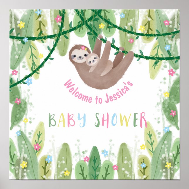 Póster Bienvenida a Sloth Baby Girl Shower Jungle (Frente)
