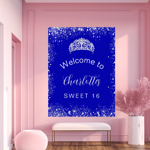 Póster Bienvenida a Sweet 16 azul real con brillo de plat