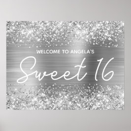 Póster Bienvenida a Sweet 16 con brillo y lámina de plata