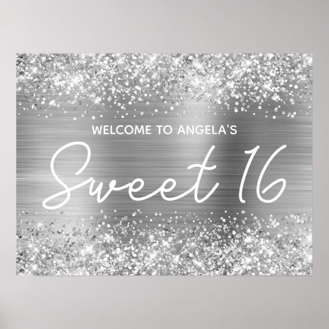 Póster Bienvenida a Sweet 16 con brillo y lámina de plata (Frente)