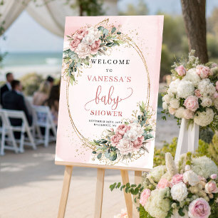 Póster Bienvenida a Sweet Blush Pink Floral Greenery Baby