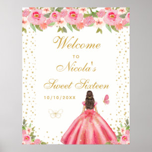 Póster Bienvenida a Sweet Sixteen Chica de Cabello Castañ